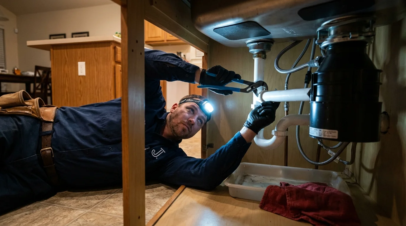 P-trap and supply line connections under a kitchen sink showing a common leak point in Ninety Six, SC